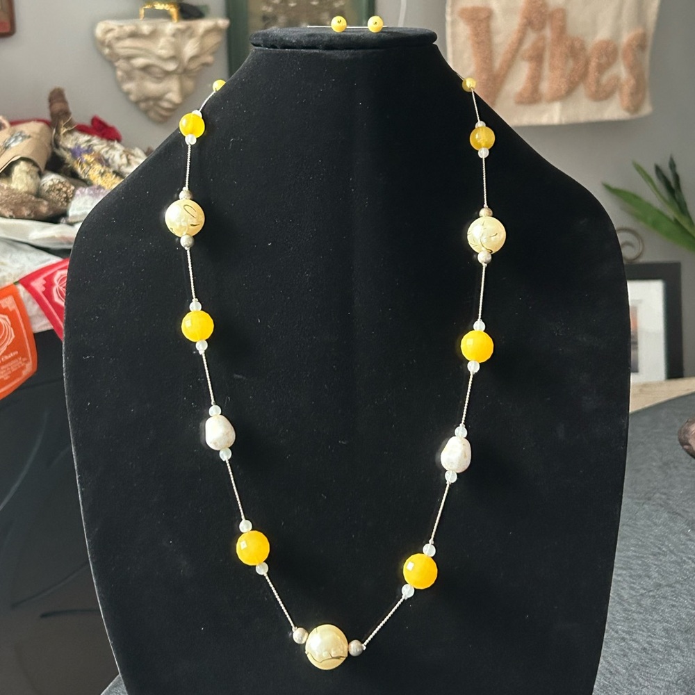 Vintage Beaded Yellow White Pearl Costume Necklace and Earrings Set